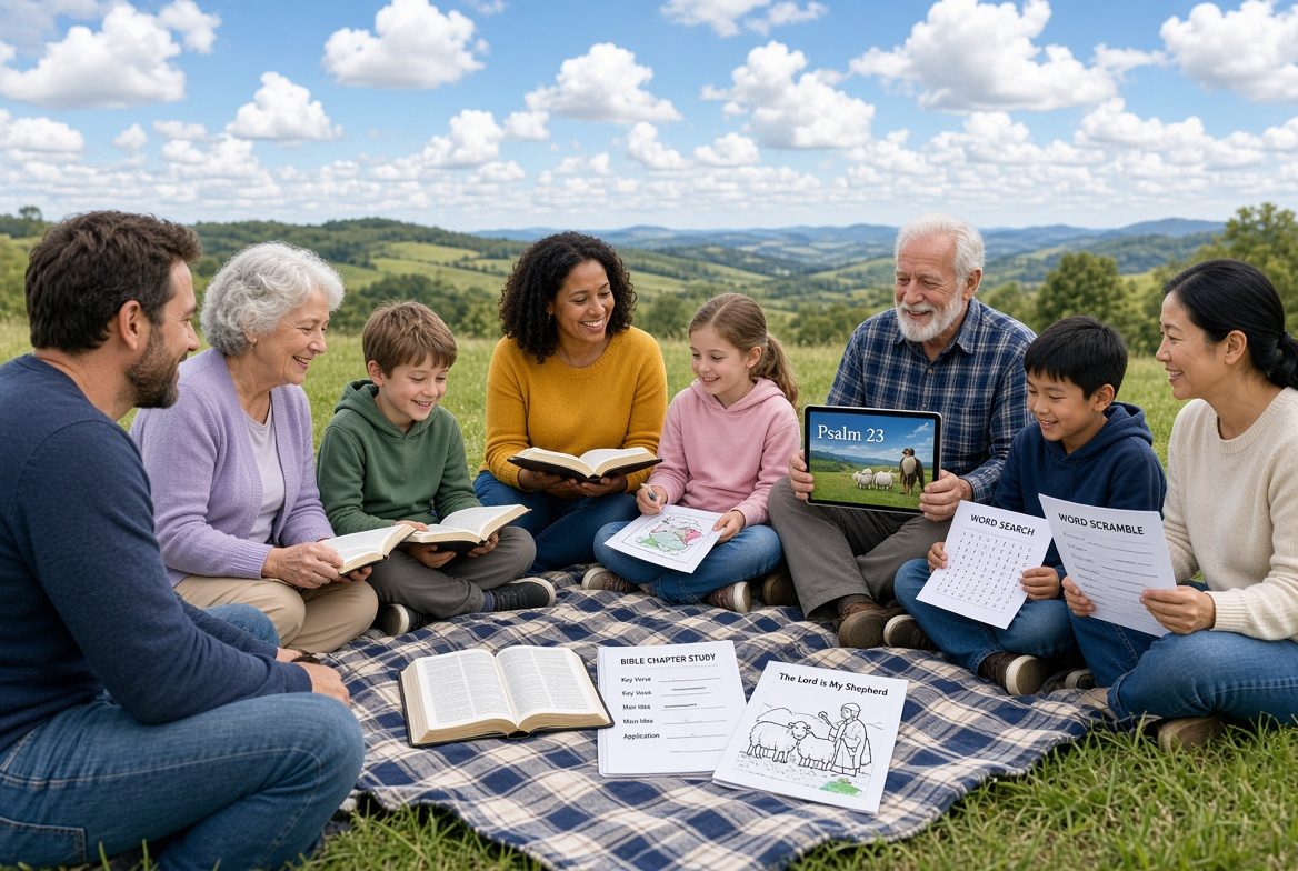 Three generations of a family on a picnic blanket outdoors, studying the Bible together with open Bibles, a tablet showing Psalm 23, and printed coloring sheets and word games